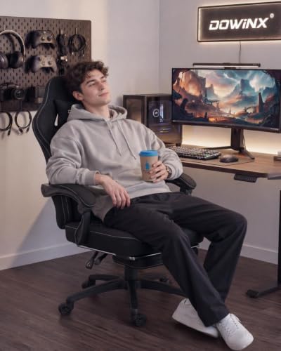 Image of Dowinx Gaming Chair Breathable Fabric Game Chair with Gel Pad and Storage Bag, Comfortable Gamer Chair with Pocket Spring Cushion, Ergonomic Computer Chair with Footrest, Black