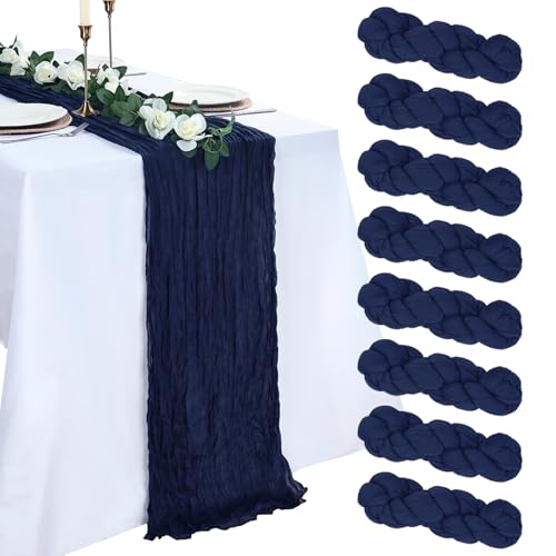 pepmily 8 Pack Navy Blue Cheesecloth Table Runner 10ft Boho Gauze Fabric 120 Inch Cheese Cloth Table Runner Rustic Sheer for Romantic Wedding Decor Baby Shower Party Table Centerpiece Decoration