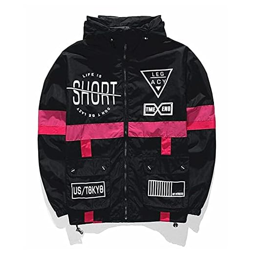 AITFINEISM Men's Lightweight Windbreaker Casual Color Block Jacket with Hooded (Large, Black)