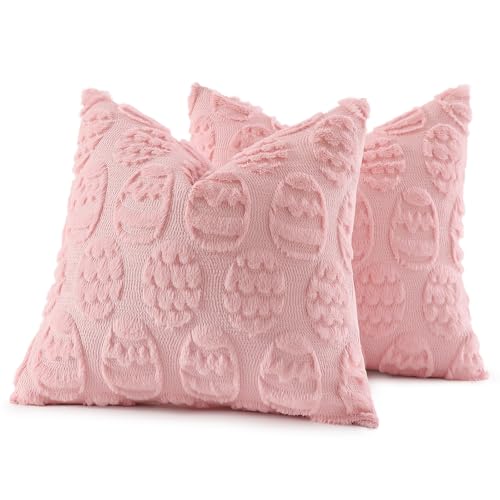 Image of decorUhome Easter Pink Egg Pillow Covers 18x18 Inch Set of 2, Soft Plush Faux Wool Jacquard Cushion Covers, Farmhouse Neutral Fuzzy Spring Easter Holiday Decor for Couch Sofa Bed