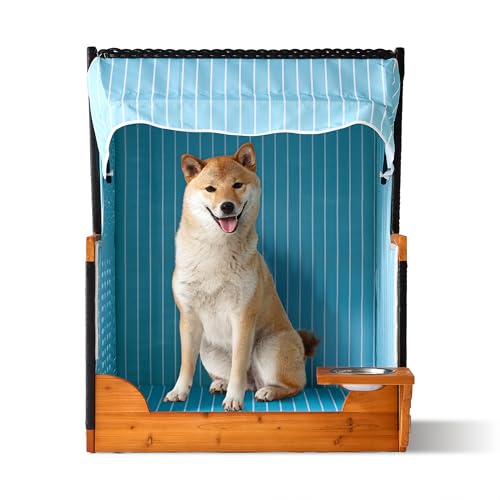 Relaxdays Hundestrandkorb Rattan mit Napf Hundesessel mit Dach HBT: 95x75x65 cm Garten & Terrasse Holz hellblau