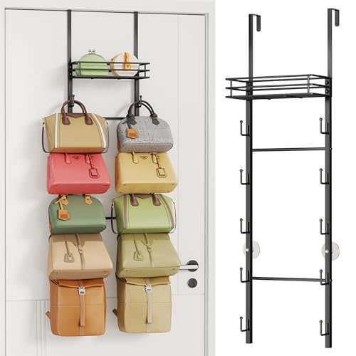 HapiRm Over The Door Purse Organizer - Wall Mounted Purse Rack with 10 Hooks and Metal Basket, Hanging Handbag Organizer Holds up to 10 Bags, Bag Rack Can Use As 1/2 Part, for Door, Closet (Black)