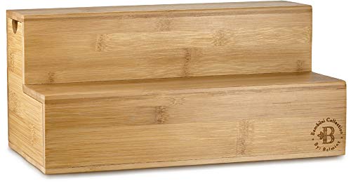Bambusi 2-Tier Step Spice Rack Organizer with Drawer - Bamboo Tea Box and Cabinet Shelf Organizer