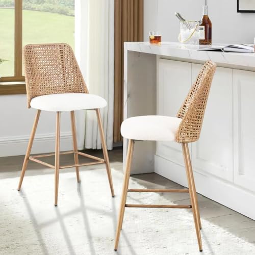 YLKHOME Silla de Bar Rattan Set de 2, Taburetes de Altura para Barra, Moderno con Respaldo de Rattan PE y Asiento Suave, Sillas Altas para Cocina miniatura 3