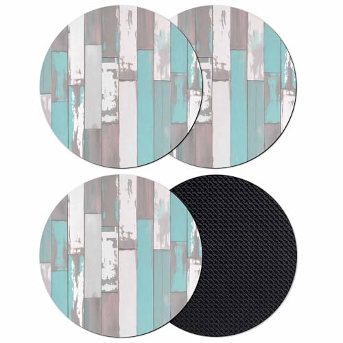 Coasters Set of 4, Turquoise Gray Round Drink Coasters for Coffee Table Decor, Country Retro Mottled Texture Wood Grain Absorbent Cup Coaster for Housewarming Gift/Home Décor, 4 Inches
