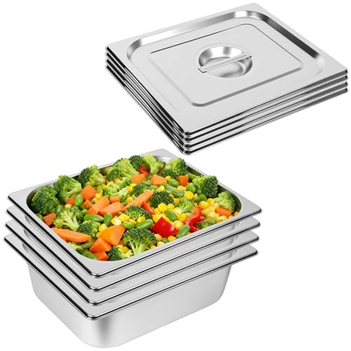 Botyboty 4 Pack 1/2 Half Size Hotel Pans 4 Inch Deep with Lids, Stainless Steel Steam Table Pan Half Size with Lids, Commercial Food Pans for Hotel, Home, Restaurant, Catering, Buffet Pan