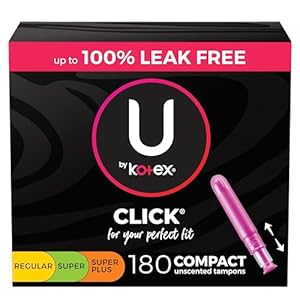 U by Kotex Click Multipack Tampons, Compact, Regular/Super/Super Plus Absorbency, Unscented, 180 Count (6 Packs of 30) (Packaging May Vary)