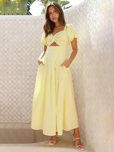 Women's Summer Off The Shoulder Dresses Puff Sleeve Twist Front Cut Out A-Line Dress Casual Maxi Dress with Pockets2