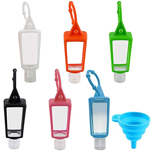 6 Piezas 30ml Botellas de Viaje y 1 Embudo, Botella Recargable Vacía, Transparente Plástico Portátil Prueba Fugas Botellas con Funda de Silicona para Cosméticos, Lociones