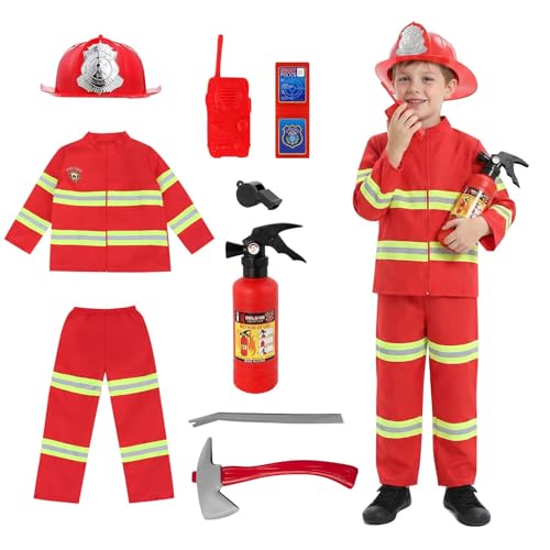 Disfraz de Bombero para Niños, Traje de Bombero Infantil con Accesorios, Juego de Rol de Disfraz Bombero Cosplay de Jefe de Bomberos, Disfraz Saja Boys Niño para Carnaval Halloween Fiesta Cosplay (S)