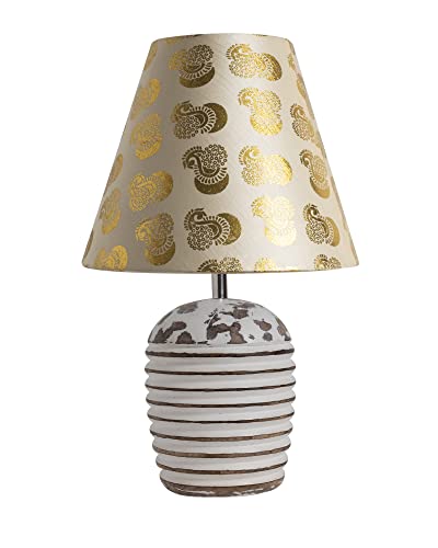 Image of Homesake Wooden Lamp for Living Room | Table Lamp for Bedroom | Bedside Lamp with Fabric Shade | E27 Holder with Bulb Included | Warm Light Night, Study Table & Home Decor, Gold Peacock Shade