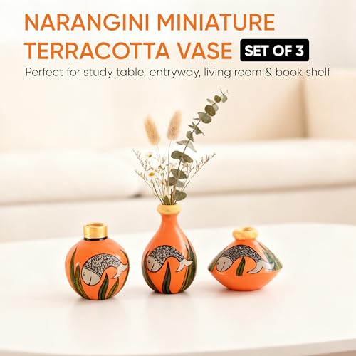 Image of Aakriti Art Creations Something's Fishy Terracotta Vase Set of 3 (Orange) | Hand-Painted Madhubani Art Flower Vases | Matte Finish Decorative Vases for Living Room, Table Decor & Gifting