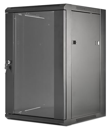 Intellinet Network Cabinet, Wall Mount (Standard), 15U, 450 mm Deep, Black, Flatpack, Max 60 kg, Metal & Glass Door, Back Panel, Removeable Sides, Suitable also for use on a desk or floor, 19 Inch