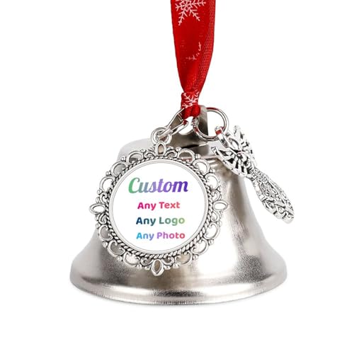 Personalized Christmas Decor Bells Ornaments Custom Any Text Xmas Hanging Bells Create Your Own Blessing Bells Customized Photo Christmas Tree Pendants Bell with Angel Wing Holiday Party Decor