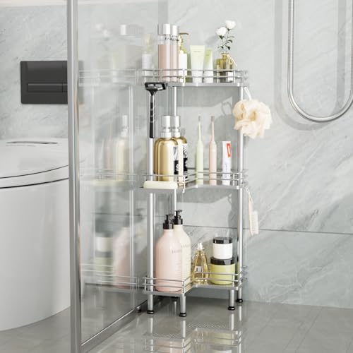 Image of Consumest Corner Shower Caddy Standing - 3-Tier Stainless Steel Shower Organizer with Soap Holder and 4 Hooks, Large Capacity Corner Shelf Stand for Bathroom, Rest Room, Silver