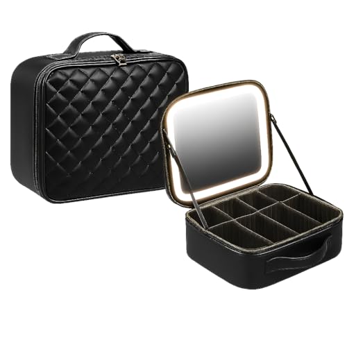 Maleta Bolsa Organizadora de Maquiagem com Espelho LED + Porta Pinceis PRETA Portátil Para Viagem Necessaire Em Couro X-Matte