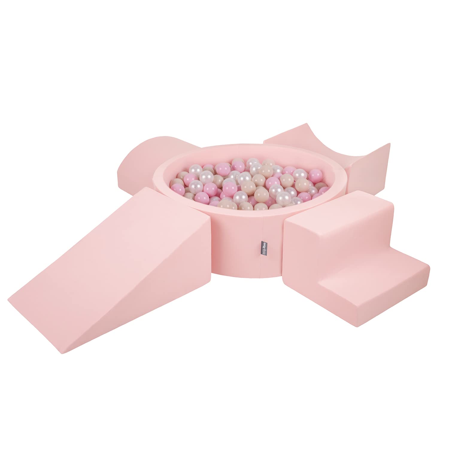 KiddyMoon Foam Playground For Kids With Round Ballpit (200 Balls ∅ 7Cm/2.75In) Soft Obstacles Course And Ball Pool, Made In The EU, Pink:Pastel Beige/Light Pink/Pearl