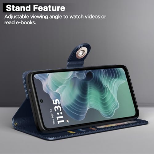 Image of Pikkme Flip Cover Leather Finish | Inside TPU with Card Pockets | Wallet Stand and Shock Proof | Complete Protection Button Flip Case for Moto G35 5G(Blue)