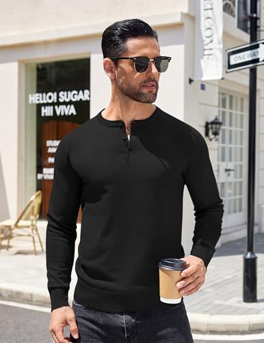 COOFANDY Mens Knit Henley T-Shirts Dress Long Sleeve Sweater Casual Collarless Quarter Button Pullover2