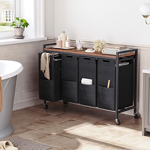 HOOBRO Laundry Sorter 4 Sections, Laundry Hamper with Wheels, 4 × 10.5 Gal (40 L), Rolling Laundry Basket, Pull-Out and Removable Oxford Fabric Bags, Rustic Brown and Black BF04XY01
