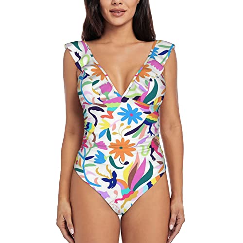 Maillot de bain une pièce à volants pour femme - Motif animaux mexicains - Taille S à 2XL, Noir , XXL Cover