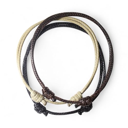 Luck Strings Trio Wax Nylon Adjustable Cord Bracelet Men or Women - 3 bracelets set Leather imitation string Unisex Adult Waterproof Surfer Jewelry Friendship Gift (Black - Brown - Tan)