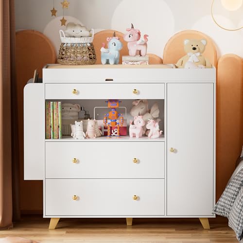 Nursery-Dresser-with-Baby-Changing-TableModern-Diaper-Changing-StationDresser-for-Nursery-with-3-Drawers-ShelvesStorage-Crib-with-Changing-TableWhite Nursery Dresser with Baby Changing TableModern Diaper Changing StationDresser for Nursery with 3 Drawers ShelvesStorage Crib with Changing TableWhite