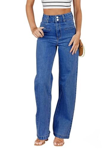 Image of Dokotoo Womens Jeans High Waisted Straight Leg Ladies Trousers Dark Blue