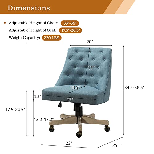 Modern Tufted Armless Home Office Chair, Comfy Upholstered Desk Chair With Mid-Back, Height Adjustable Swivel Computer Task Chair (Vintage Wood Base, Blue) #TOP1