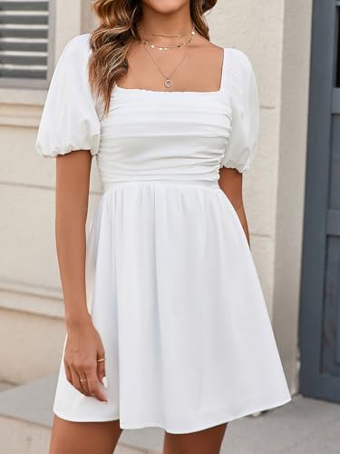 Women's Summer Square Neck Short Dress Puff Sleeve Off Shoulder Sundress Casual A Line Mini Graduation Dresses4