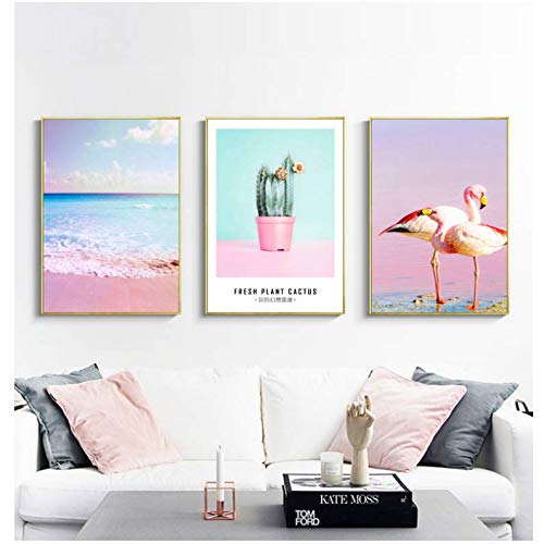Gravure flamant rose mer plage affiche artistique plante verte salon chic 50x70