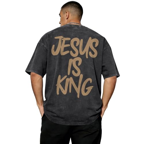 Hiehiety Christian Jesus is King Shirts Men God Religious Faith Bible Verse Tshirts Oversized Vintage Graphic Acid Wash Tees (Black XL)