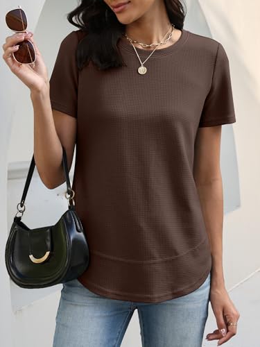 Image of ANRABESS Womens Waffle Knit Tops Short Sleeve Crewneck Shirts Curved Hem Summer Dressy Casual Blouses Spring Fashion Clothing