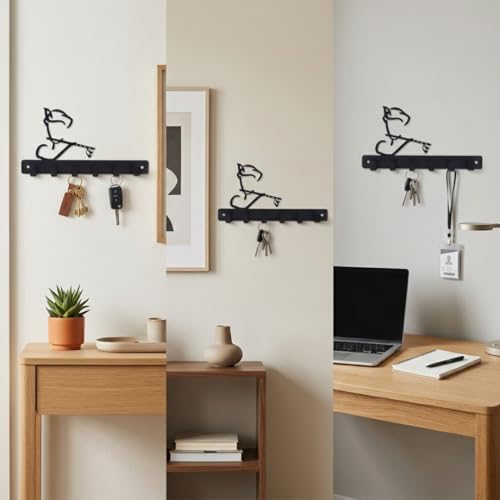 Image of Key Holder for Home, Metal Wall Mounted, 6 Hooks (Krishna Bansuri) | Cat Design, Includes Mounting Screws, For Home Use, 6 Hook Hanger, Metal Construction