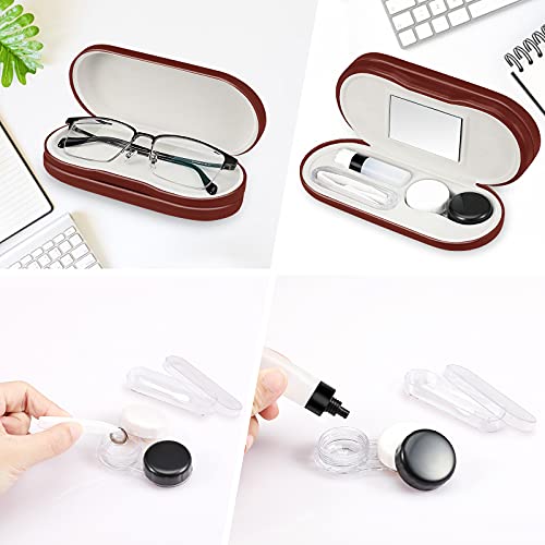 KENOBEE 2 in 1 Eyeglasses Case, Contact Lens Case with Mirror Tweezers Remover, Double Sided Portable Contact Lens Box Holder Container Soak Storage Kit, Sunglasses Pouch for Men & Women, Red