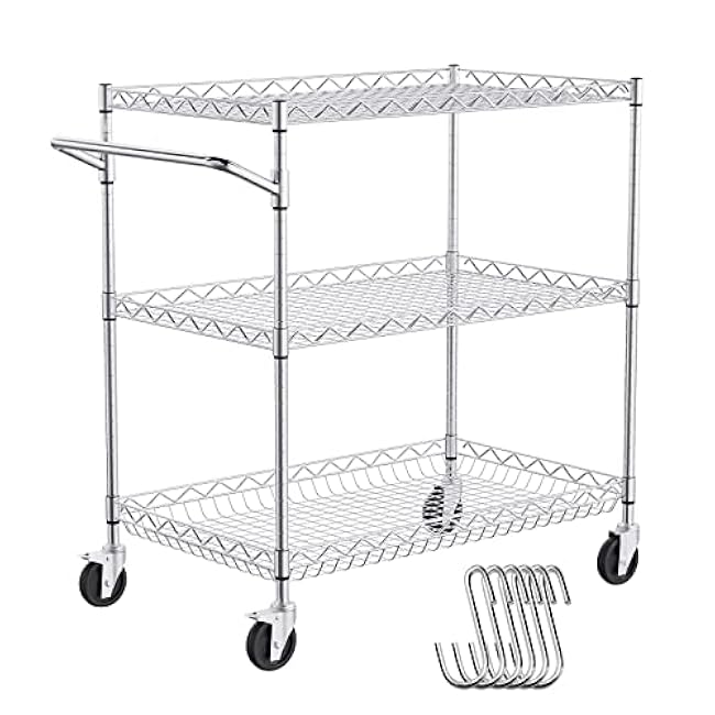 VEVOR Kitchen Utility Cart, 3 Tiers, Wire Rolling Table with 661 LBS Capacity, Steel Service Desk on Wheels, Metal Storage Trolley with 80 mm Deep Basket Curved Handle 6 Hooks-ifVz791u