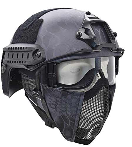 JFFCESTORE MH Updated Version Fast Tactical Helmet Combined with Foldable Half Face Mesh Mask and Goggles for Paintball CS Game Set TY