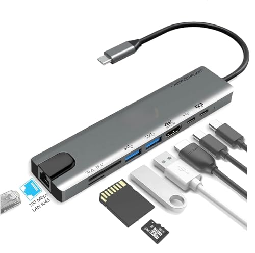 Image of NEXSA USB C Hub Dock 8 in 1 HDCP Aluminum Type C Adapter with 4K HDMI Port, Ethernet 100mbps RJ45 Port, USB 3.0 Port, USB-C Power Delivery, TF /SD Card Reader, MacBook /Dell /USB C Devices