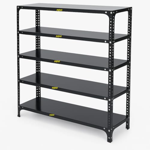 Image of Heavy Duty Slotted Angle Rack 5 Shelf | 9x35x36 Inch Metal Storage Rack | 24 Gauge Shelf 18 Gauge Angle | Adjustable Shelving Unit for Home Kitchen Garage Office Warehouse | Black Powder Coated