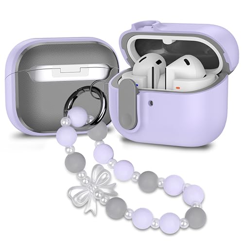 Compatible with Samsung Galaxy Buds 3 Case & Galaxy Buds 3 Pro Case with Keychain, Full Body Shockproof Protection with Secure Lock Clip Lanyard, Purple Bow