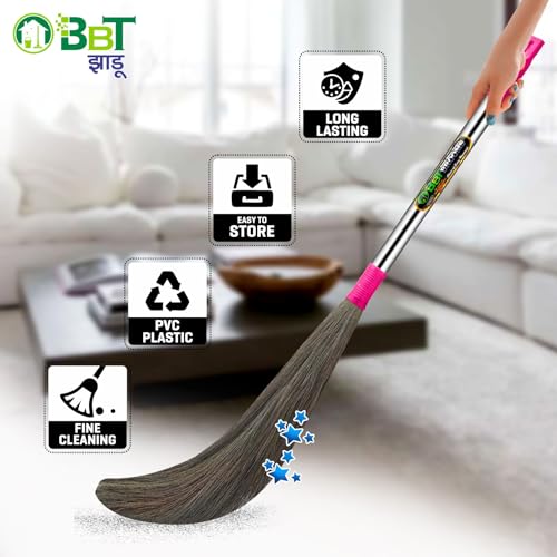 Image of BBT Phool Jhadu | Natural Grass Broom Stick for Home Cleaning | Eco-Friendly Long Handle Jhadu | Anti Dust, Lightweight & Durable Pack of- (1, NO-1)