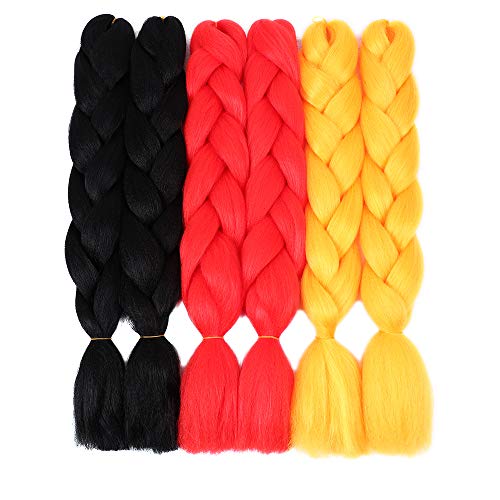 YMHPRIDE 6 Pieces Jumbo Ultra Artificial Braiding Hair Extensions,National Flag Color,24 inches Fashion Xpression Kanekalon Synthetic Braiding Hair(1B/Red/Golden) 