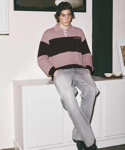 Fuzzy Colorblock Vintage Polo Sweater Unisex Loose Fit Long Sleeve Knit Pullover4