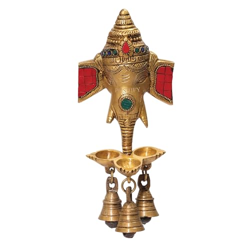 Image of Colorful Ganesha Wall Hanging with Diyas and Bells, Ganesha Wall Hanging, Spiritual Decor, Hindu Puja Items, Ganesha, Home Decor, Temple Decoration, Pooja Room Essential - 791
