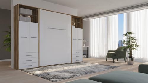 MAXIMAHOUSE Schrankbett vertikal Invento LED 140V mit 2 Regalen, Lattenrost aus Holz, Wandklappbett 140x200 modern Concept und Design, stabil,praktisch,platzsparend