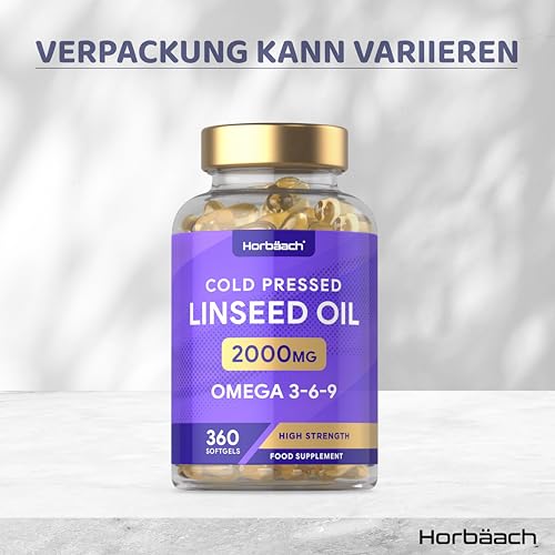 Leinöl Kapseln 2000mg | Omega 3 6 9 | 1000mg pro Kapseln | 6 Monate Vorrat - 360 Hochdosiert Weichkapseln | Kaltgepresstes Softgels | Linseed Oil Capsules | by Horbaach