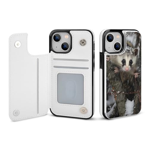 HKMNLEW Opossum in Snow Print Flip Phone Wallet Case iPhone 13 Mini�p�APU���U�[���C�ϏՌ��g�ѓd�b�P�[�X�J�o�[ �J�[�h�z���_�[�t��