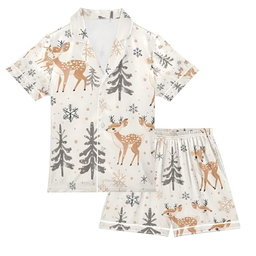 senya Deer with Tree Winter Satin Summer Pajama Sets Silk Short Sleeve Button Down Sleepwear