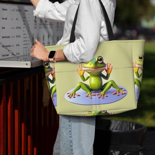 Large Capacity Beach Bag - print Waterproof Travel Bag The funny frog doing yoga Multi-Pocket Tote for Vacation Gym Women 7