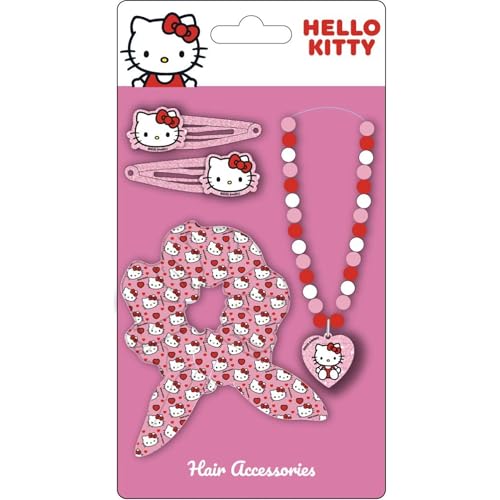 Set di accessori Hello Kitty con stile tenero e funzionale: include 2 mollette metalliche, uno scrunchie morbido e una collana di perline decorata con ciondolo a forma di cuore, perfetta per le ragazze che amano lo stile kawaii.